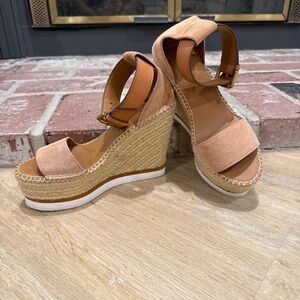 See By Chloe Elegant Tan Wedge Platform Sandals Sz 35